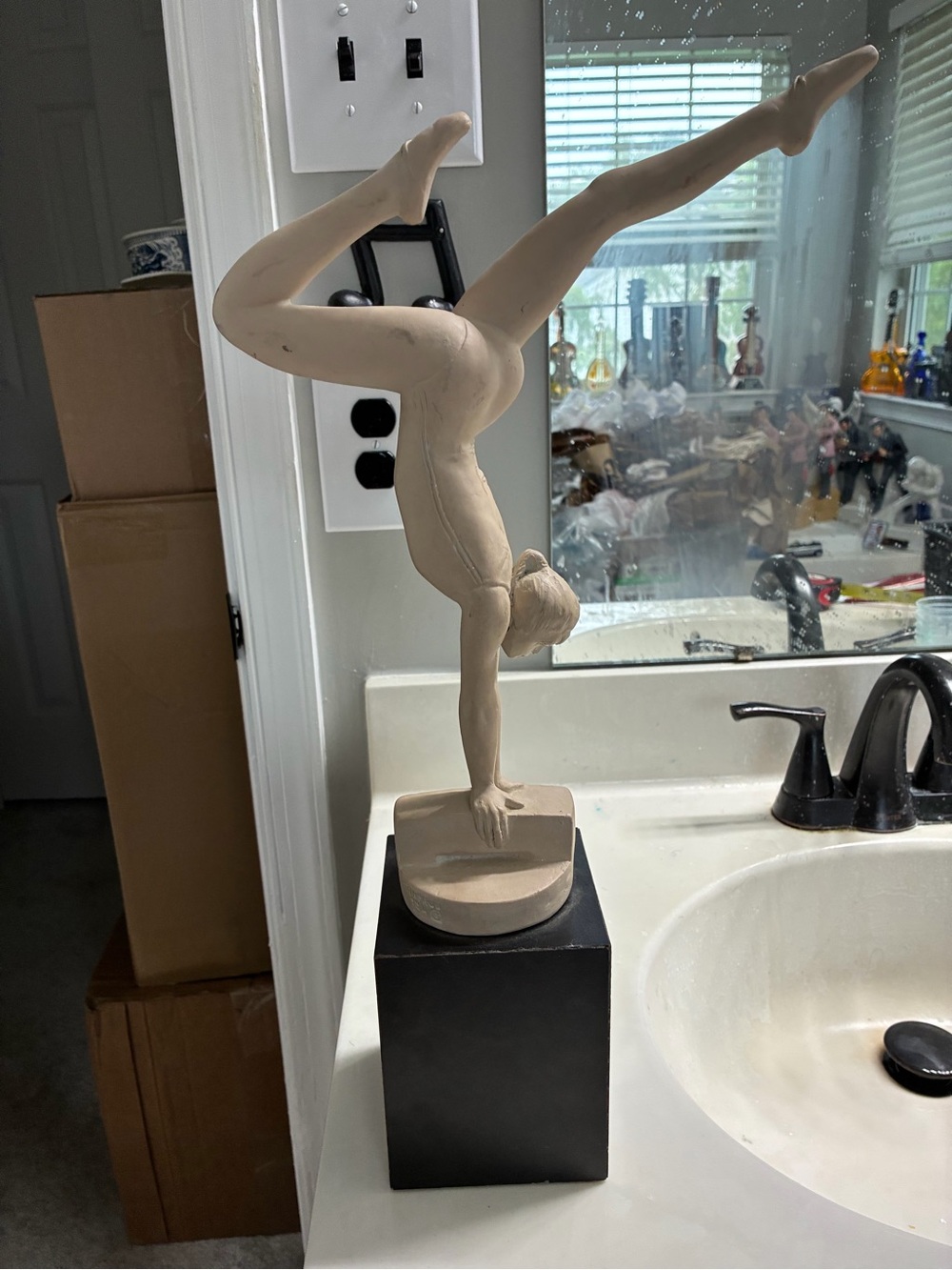 1984 Austin Productions Tan Clay Decorative Gymnast Balance Beam Statue 18 in